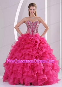 Cheap Hot Pink Sweetheart With Ruffles and Beading Organza Quinceanera Gowns