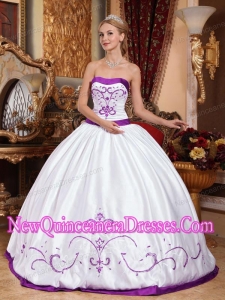 A White and Purple Embroidery Cheap Quinceanera Gowns