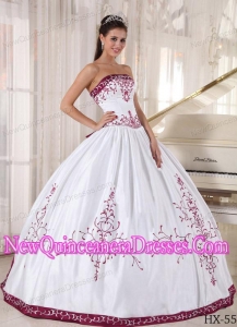 Discount Strapless Floor-length Embroidery Sweet 15 Dresses in White and Wine Red