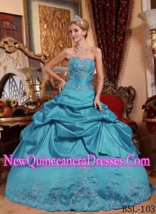 Sweetheart Teal Floor-length Taffeta Quinceanera Dress with Embroidery and Beading