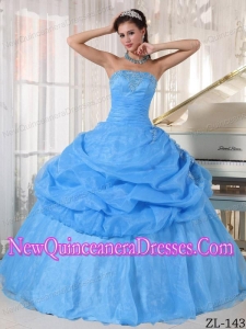 Discount Baby Blue Ball Gown Strapless Floor-length Organza Appliques Sweet 15 Dresses