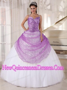 Discount Lilac and White Ball Gown Spaghetti Straps Floor-length Appliques Sweet 16 Dresses