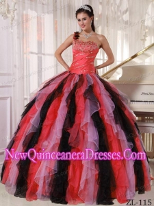 Multi-colored Fashionable One Shoulder Floor-length Organza Beading and Ruffles Quinceanera Dress