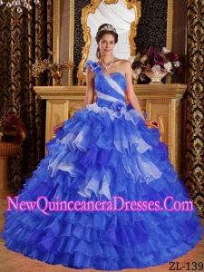 New Style Quinceanera Dress In Blue and White With One Shoulder Ruffles and Beading