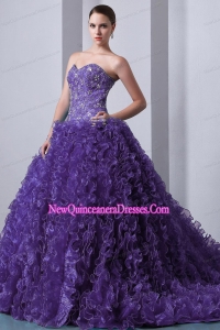 Luxurious Purple A-Line Sweetheart Brush Train Organza Beading and Ruffles Quinceanea Dress