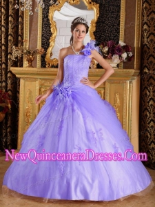 Ball Gown One Shoulder Appliques Tulle Pretty Sweet 15 Dresses in Lilac