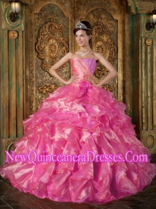 Ball Gown Strapless Floor-length Beading and Ruffles Hot Pink Puffy Sweet 16 Gowns