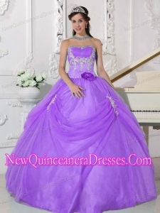 Plus Size Lilac Ball Gown Strapless Floor-length Taffeta and Organza with Appliques and Hand Made Flower Quinceanera Dresses