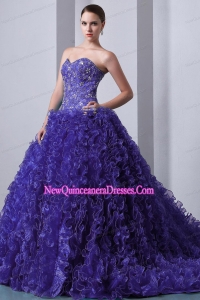 Plus Size Purple A-Line / Princess Sweetheart Brush Train Organza Beading and Ruffles Quinceanera Dresses