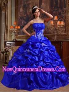 Ball Gown Strapless Floor-length Appliques Taffeta Puffy Sweet 16 Gowns in Royal Blue