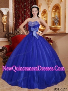 Sweetheart Floor-length Tulle and Tafftea Beading Puffy Quinceanera Dress in Blue