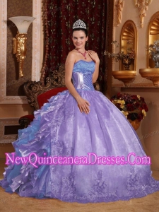 Ball Gown Strapless Ruffles Organza Embroidery Lavender Puffy Sweet 16 Gowns