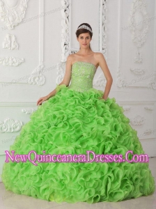 Organza Spring Green Ball Gown Strapless Puffy Sweet 16 Gowns with Beading