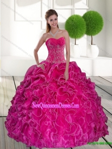 2015 Elegant Hot Pink Quinceanera Gown with Ruffles and Appliques