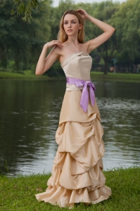 Champagne Column Strapless Floor-length Taffeta Sash Dama dresses