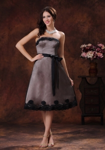 Normal Brown Tea-length Strapless Sash Dama dresses