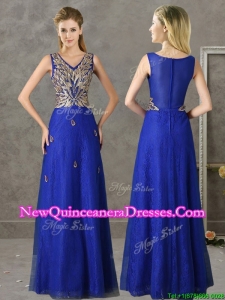 Cheap V Neck Appliques and Beading Damas Dress in Royal Blue