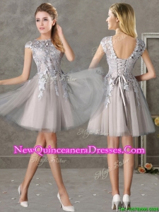 Most Popular Bateau Cap Sleeves Grey Damas Dress with Lace