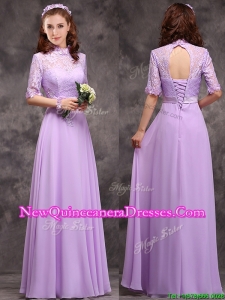 Perfect High Neck Handcrafted Flowers Dama Dress with Half Sleeves