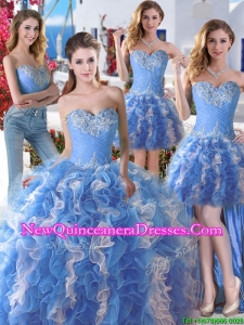 Comfortable Applique and Ruffled Detachable Quinceanera Dresses in Blue and White