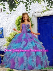 2016 Cheap Beading and Ruffles Purple and Blue Little Girl Pageant Dress with Hand Made Flower