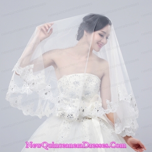 2014 Two-Tier Tulle Lace Appliques Edge Bridal Veils