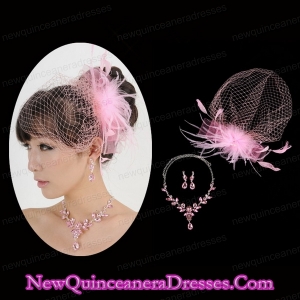 Pink Luxurious Rhinestone Ladies Jewelry Set Including Necklace And Headpiece