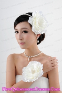 Pearls and Flowers Necklace Earrings Headpiece Jewelry Set