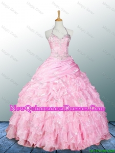 Custom Made Halter Top Pink Quinceanera Dresses with Appliques