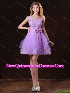 Discount V Neck Tulle Dama Dresses with Bowknot