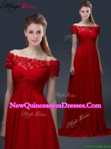 Simple Off the Shoulder Short Sleeves Red Dama Dresses with Appliques