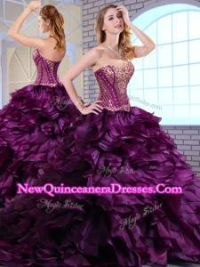 Discount Brush Train Dark Purple Quinceanera Dresses with Ruffles and Appliques