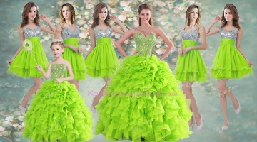 Visible Boning Yellow Green Quinceanera Gown and Sequined Short Dama Dresses and Beaded and Ruffled Mini Quinceanera Dress