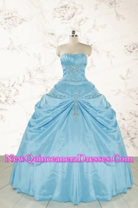 2015 Discount Strapless Appliques Sweet 15 Dress in Aqua Blue