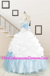 2015 Pretty Halter White and Blue Quinceanera Dress with Beading