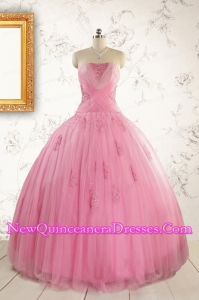 2015 Pretty Pink Quinceaneras Dresses with Appliques and Beading