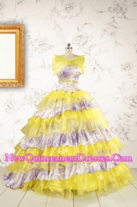 Popular Beading Yellow Sweet 15 Dresses with Sweep Train