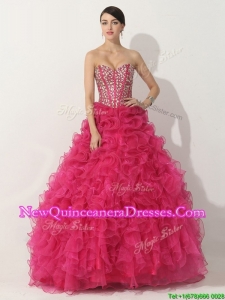 Visible Boning Hot Pink Quinceanera Gown with Beading and Ruffles