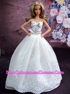 Elegant White Gown With White Lace and Bowknot Made To Fit The Barbie Doll