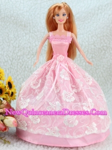 Lovely Baby Pink Ball Gown Straps With Sash and Lace Party Clothes Fashion Dress For Noble Barbie