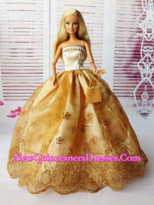 Lovely Ball Gown Handmade Gold Appliques Barbie Doll Dress