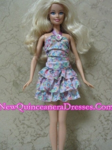 Beautiful Printing Short Colorful Barbie Doll Dress