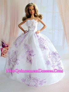 Embroidery Decorate White Taffeta Ball Gown Barbie Doll Dress