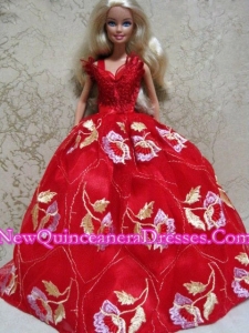 Embroidery Red Ball Gown Barbie Doll Dress