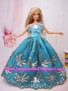 Exclusive Ball Gown Teal Beading Hand Made Flower Barbie Doll Dress