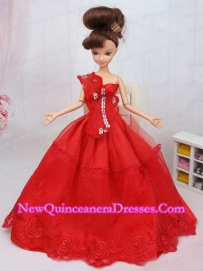 Hand Made Flower and Beading Red Organza Barbie Doll Dress