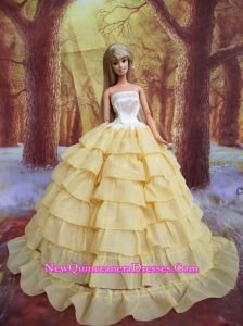 Ruffled Layers Decorate Ball Gown Light Yellow Barbie Doll Dress