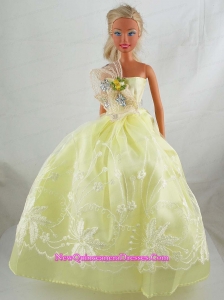 Yellow Green Beautiful Gown With Embrodery Dress For Barbie Doll