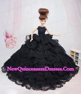 Luxurious Black Lace With Ruffled Layeres Party Dress For Barbie Doll