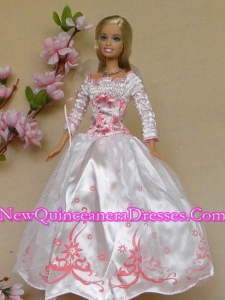 New Beautiful White Long Sleeves Handmade Wedding Party Clothes Fashion Dress for Noble Barbie